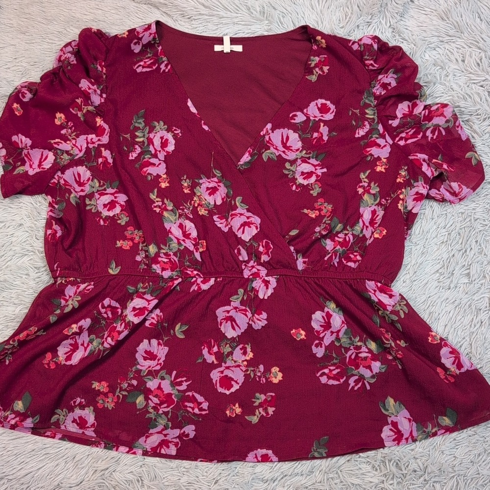 Maurices Burgundy Floral V-Neck Peplum Blouse